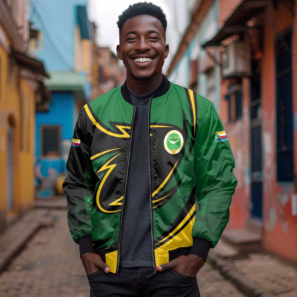 Comoros Bomber Jacket - Green Black Yellow Swirl Design and National Emblem Pattern