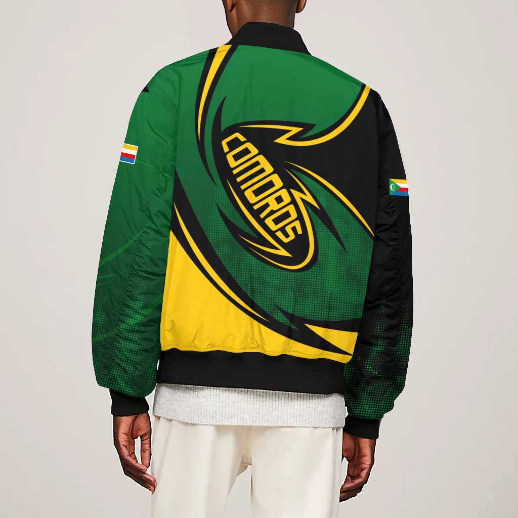 Comoros Bomber Jacket - Green Black Yellow Swirl Design and National Emblem Pattern