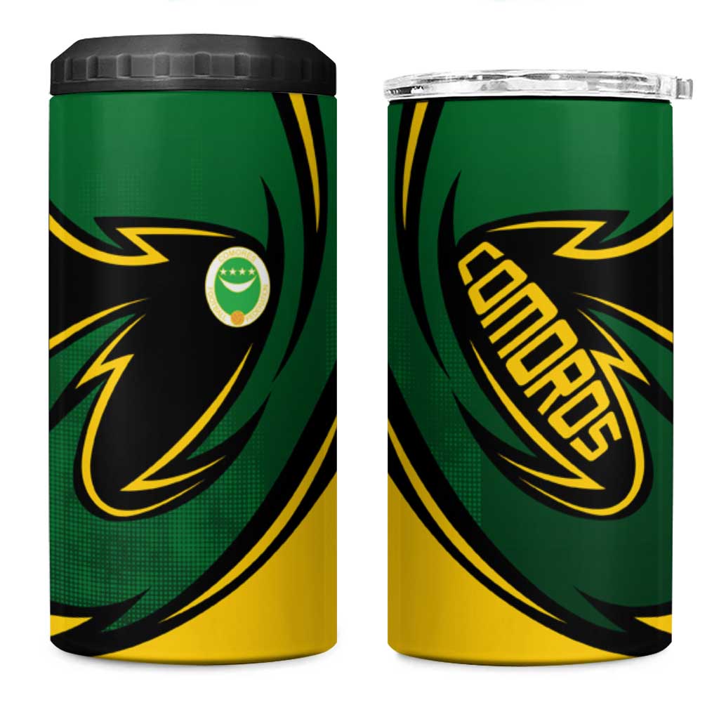 Comoros 4 in 1 Can Cooler Tumbler - Green Black Yellow Swirl Design and National Emblem Pattern