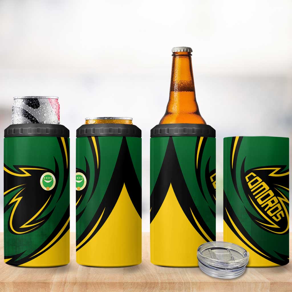 Comoros 4 in 1 Can Cooler Tumbler - Green Black Yellow Swirl Design and National Emblem Pattern