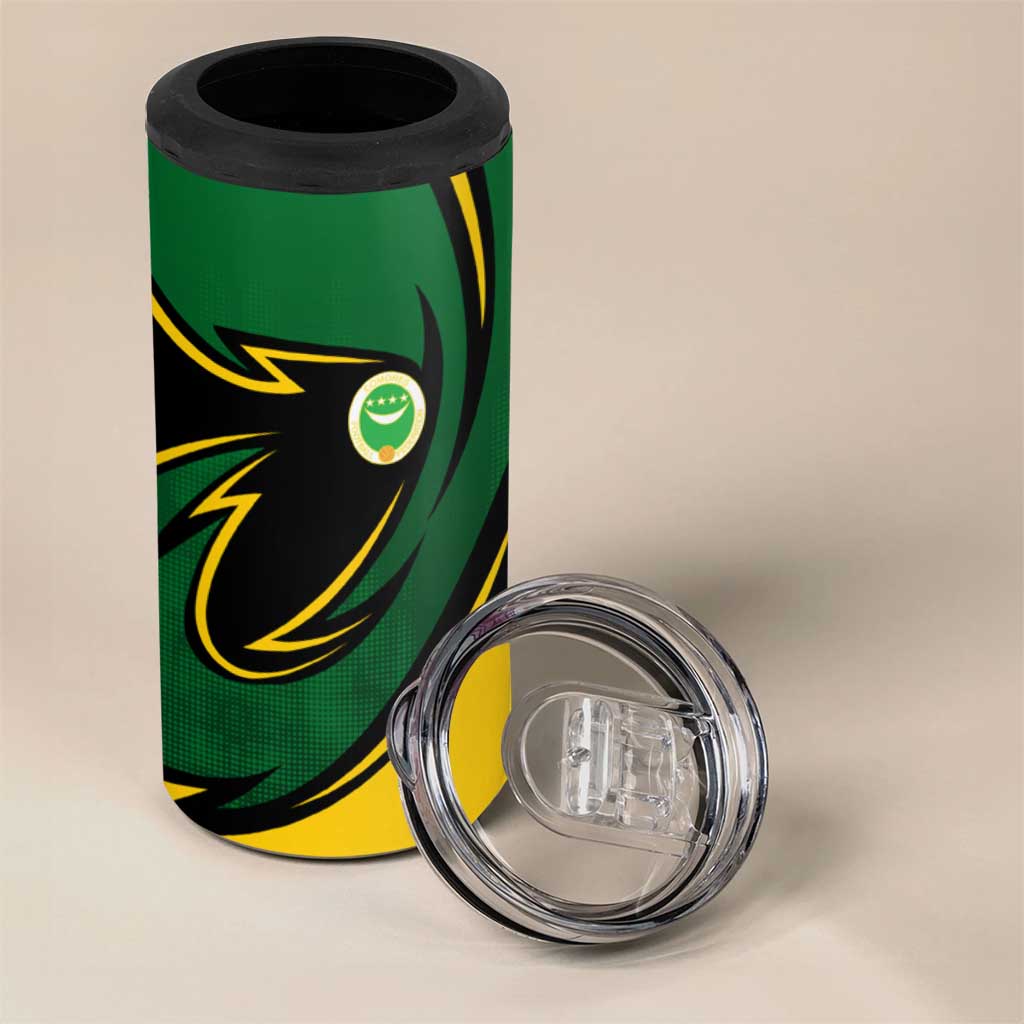 Comoros 4 in 1 Can Cooler Tumbler - Green Black Yellow Swirl Design and National Emblem Pattern