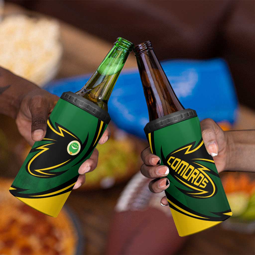 Comoros 4 in 1 Can Cooler Tumbler - Green Black Yellow Swirl Design and National Emblem Pattern