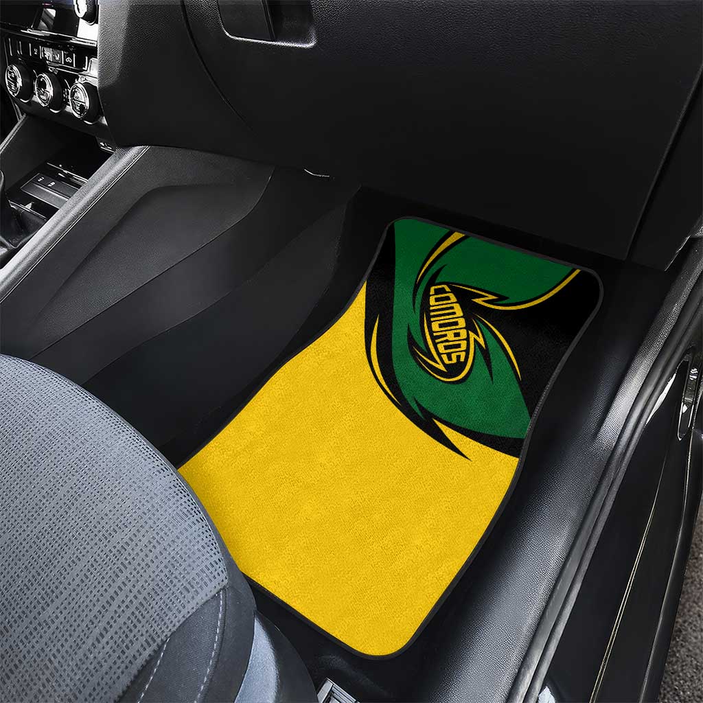 Comoros Car Mats - Green Black Yellow Swirl Design and National Emblem Pattern