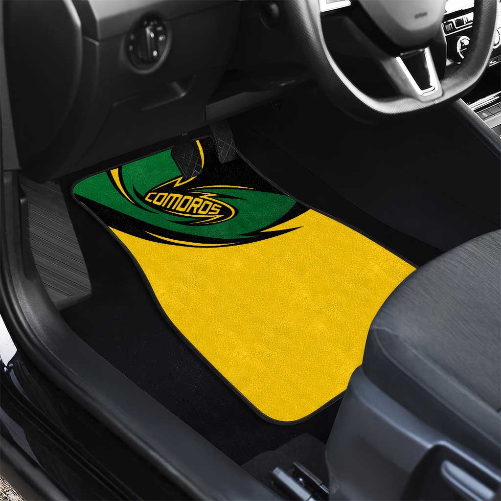 Comoros Car Mats - Green Black Yellow Swirl Design and National Emblem Pattern