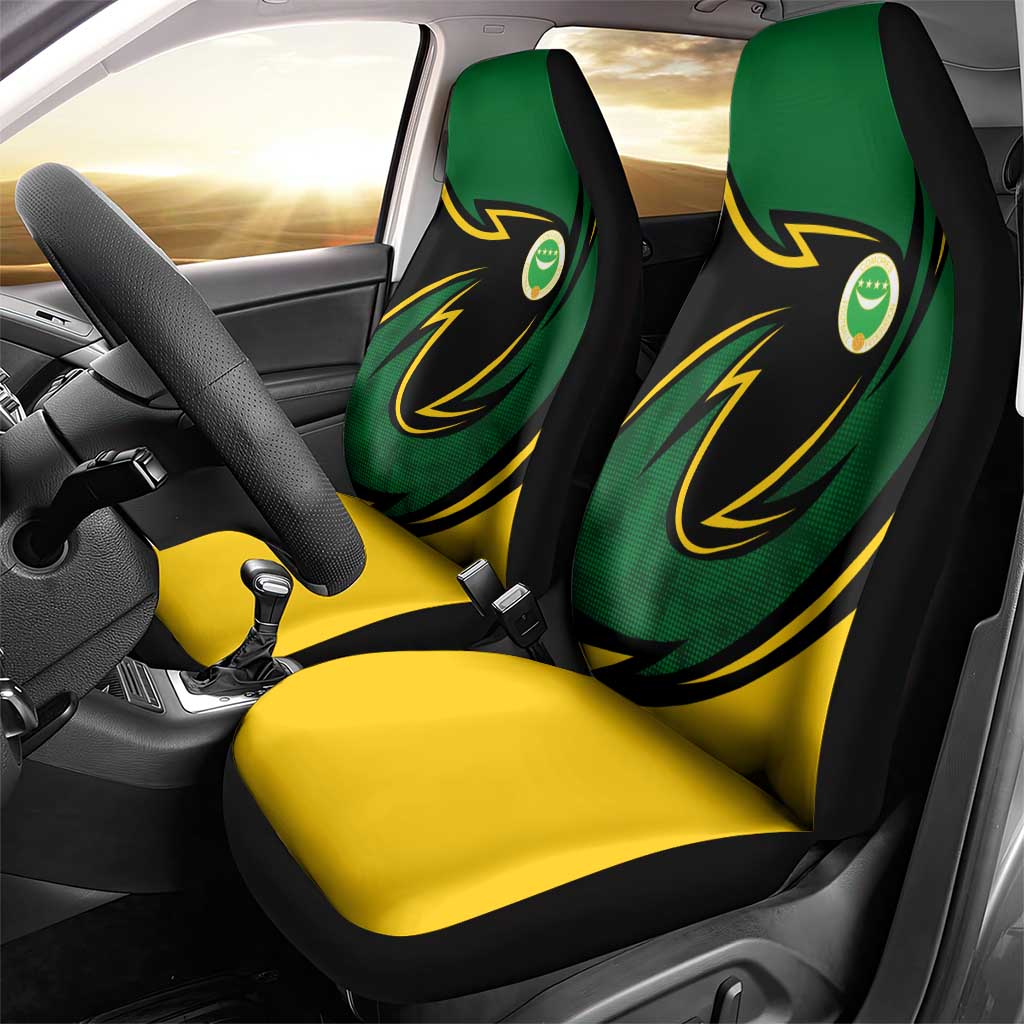 Comoros Car Seat Cover - Green Black Yellow Swirl Design and National Emblem Pattern