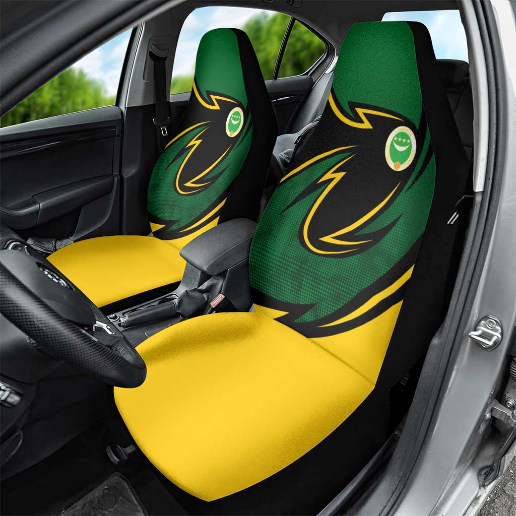 Comoros Car Seat Cover - Green Black Yellow Swirl Design and National Emblem Pattern