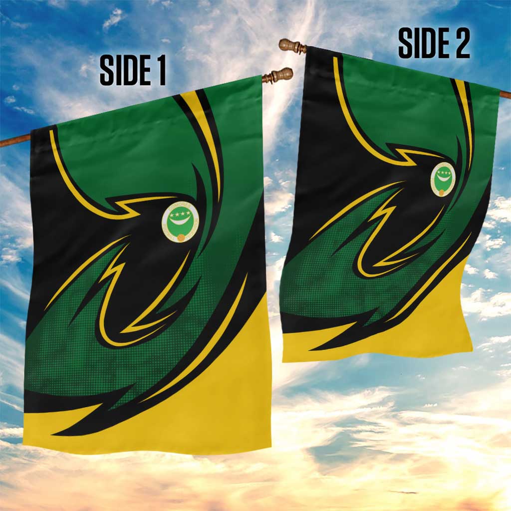 Comoros Garden Flag - Green Black Yellow Swirl Design and National Emblem Pattern
