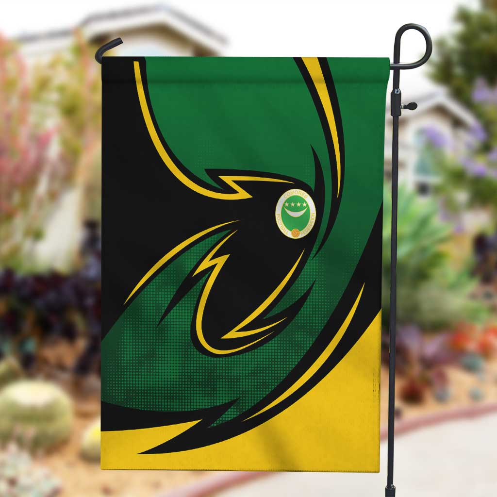 Comoros Garden Flag - Green Black Yellow Swirl Design and National Emblem Pattern