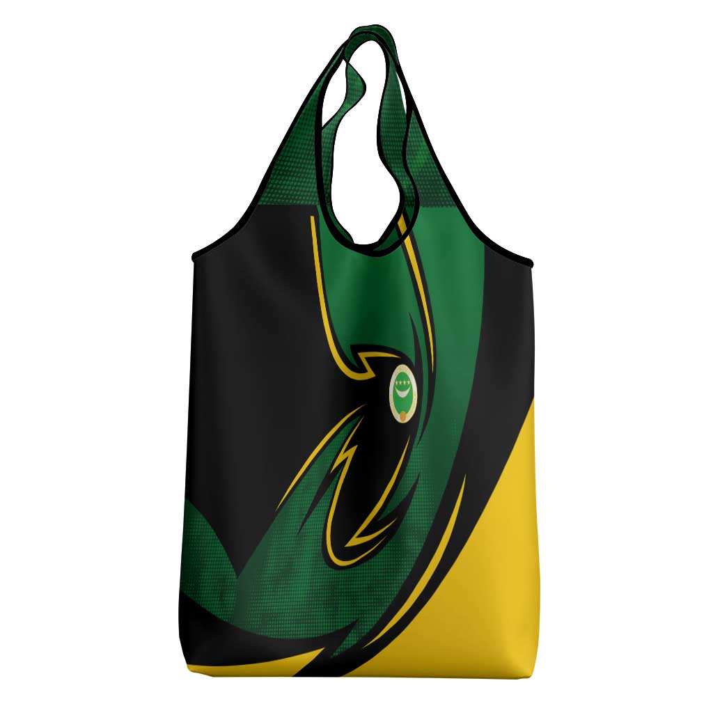 Comoros Grocery Bag - Green Black Yellow Swirl Design and National Emblem Pattern
