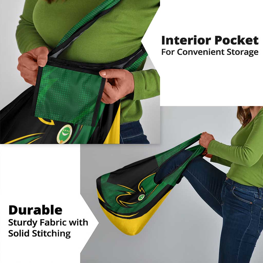 Comoros Grocery Bag - Green Black Yellow Swirl Design and National Emblem Pattern