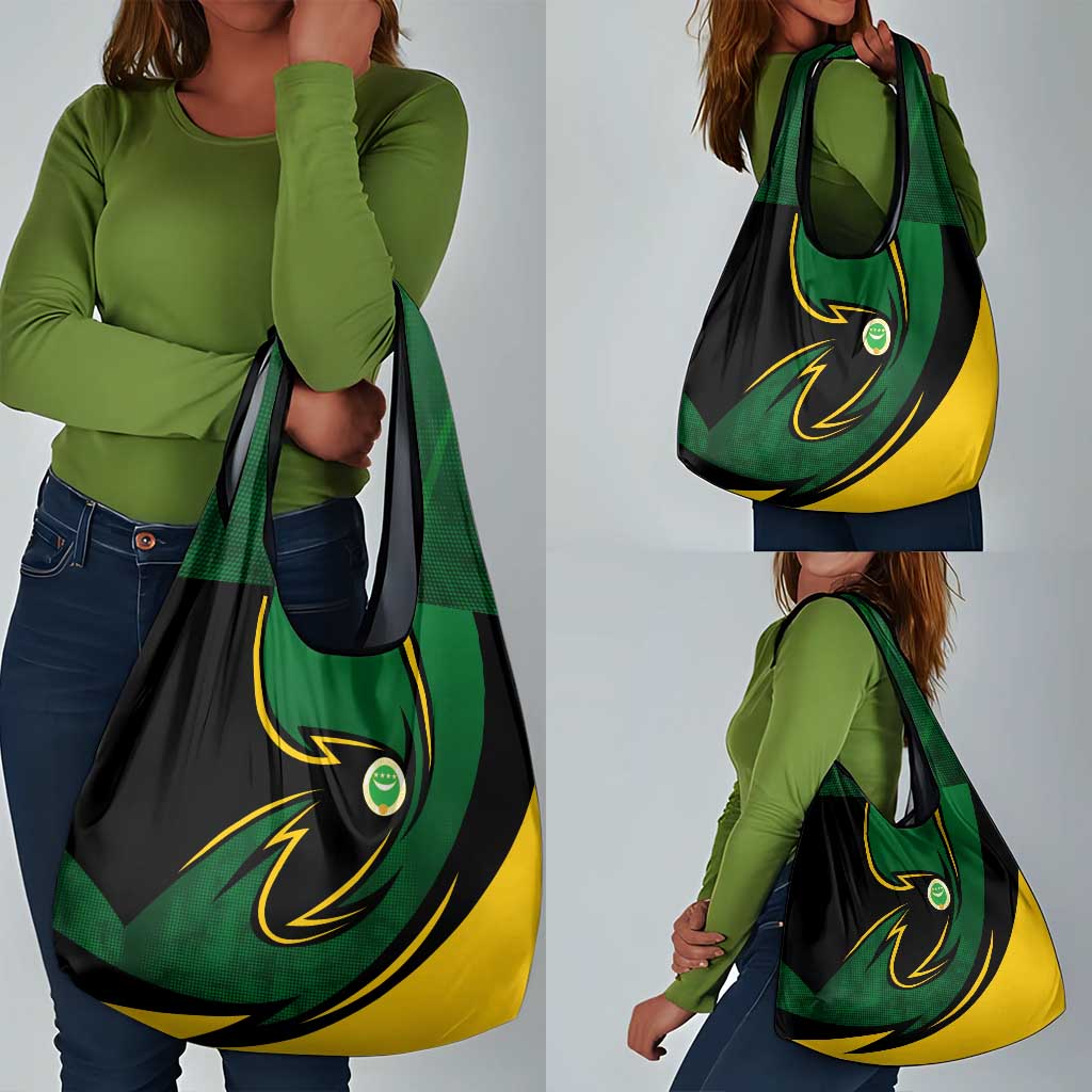 Comoros Grocery Bag - Green Black Yellow Swirl Design and National Emblem Pattern