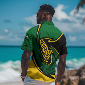 Comoros Hawaiian Shirt - Green Black Yellow Swirl Design and National Emblem Pattern