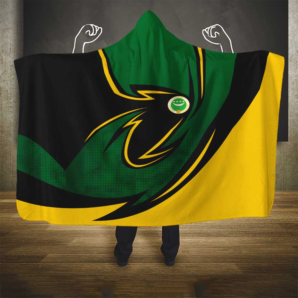 Comoros Hooded Blanket - Green Black Yellow Swirl Design and National Emblem Pattern