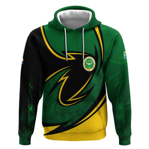 Comoros Hoodie - Green Black Yellow Swirl Design and National Emblem Pattern