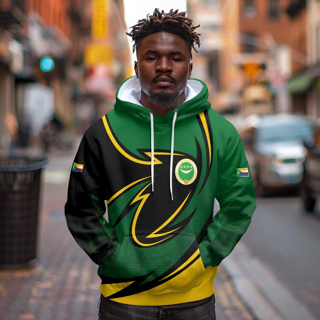 Comoros Hoodie - Green Black Yellow Swirl Design and National Emblem Pattern