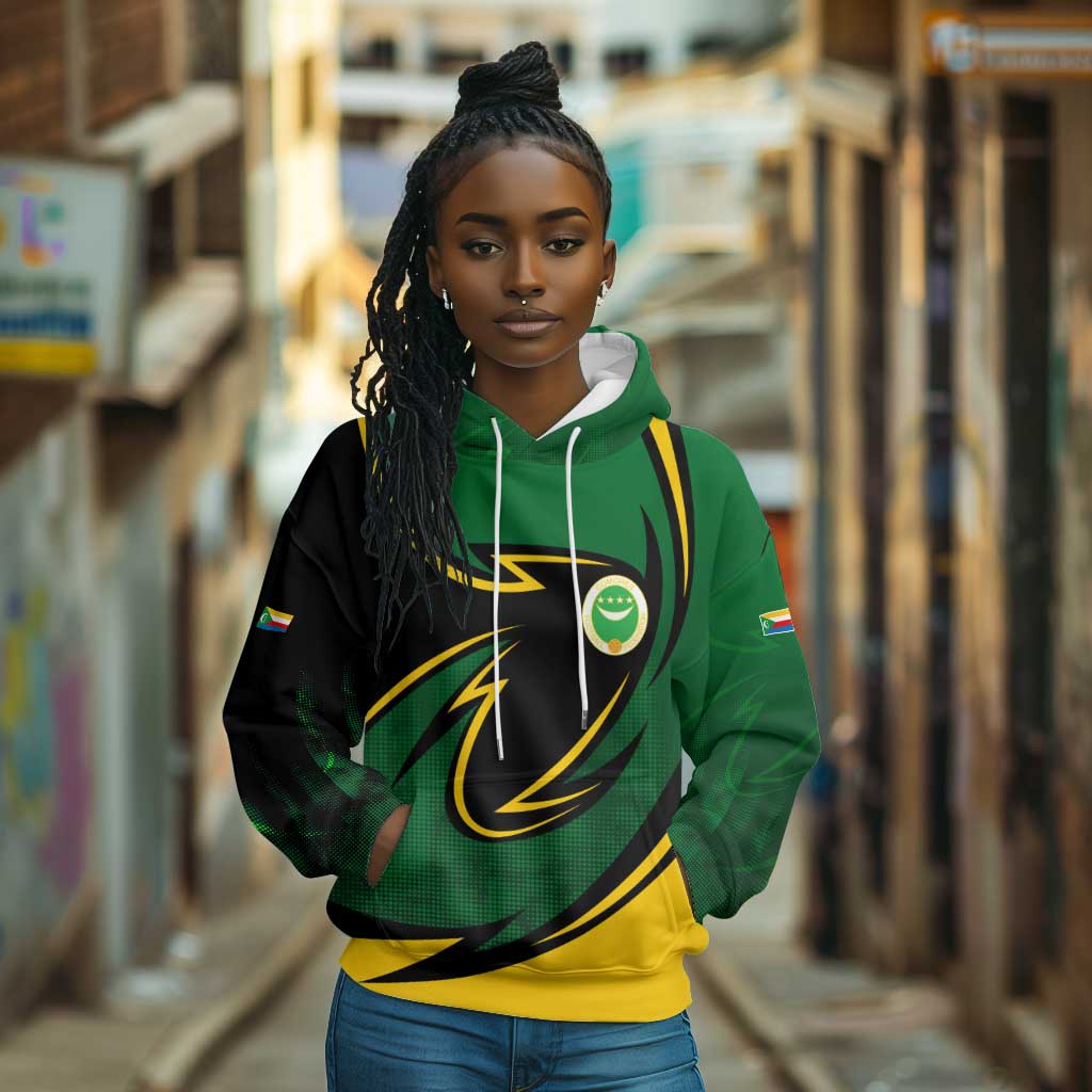 Comoros Hoodie - Green Black Yellow Swirl Design and National Emblem Pattern