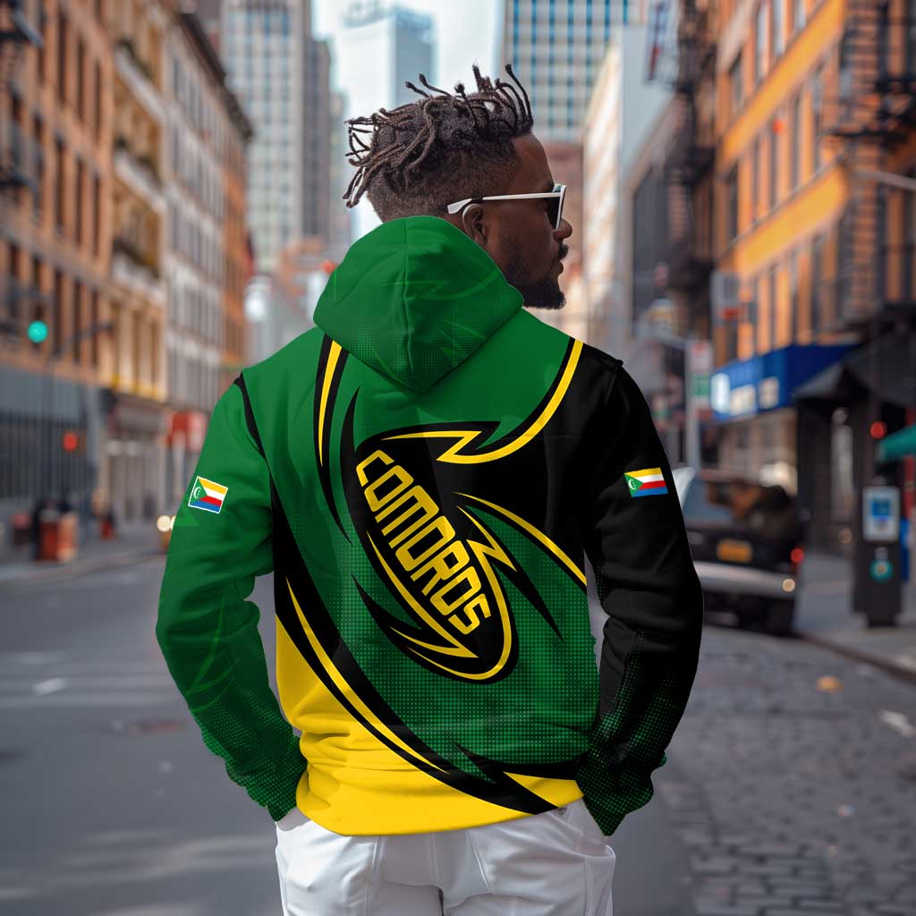 Comoros Hoodie - Green Black Yellow Swirl Design and National Emblem Pattern