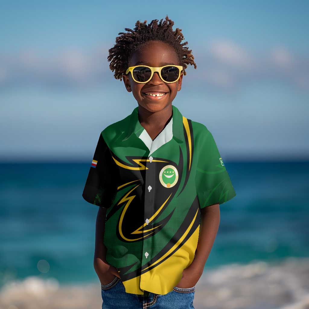 Comoros Kid Hawaiian Shirt - Green Black Yellow Swirl Design and National Emblem Pattern