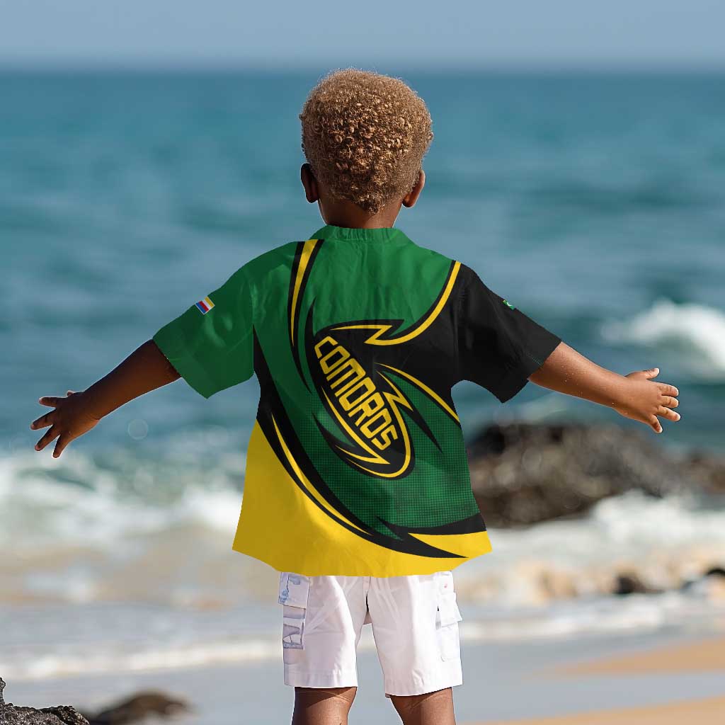 Comoros Kid Hawaiian Shirt - Green Black Yellow Swirl Design and National Emblem Pattern