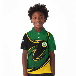 Comoros Kid Polo Shirt - Green Black Yellow Swirl Design and National Emblem Pattern