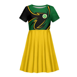 Comoros Kid Short Sleeve Dress - Green Black Yellow Swirl Design and National Emblem Pattern