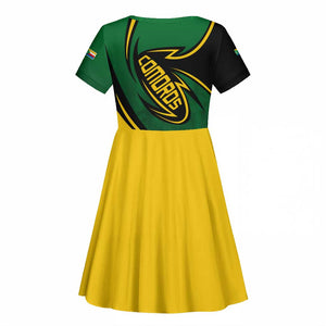 Comoros Kid Short Sleeve Dress - Green Black Yellow Swirl Design and National Emblem Pattern