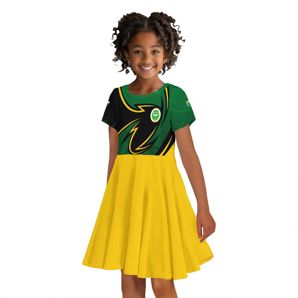 Comoros Kid Short Sleeve Dress - Green Black Yellow Swirl Design and National Emblem Pattern