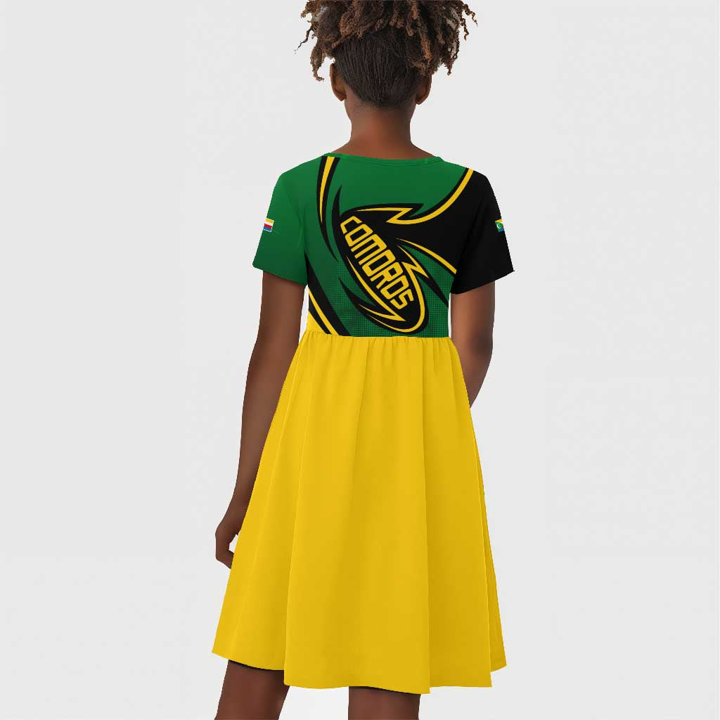 Comoros Kid Short Sleeve Dress - Green Black Yellow Swirl Design and National Emblem Pattern