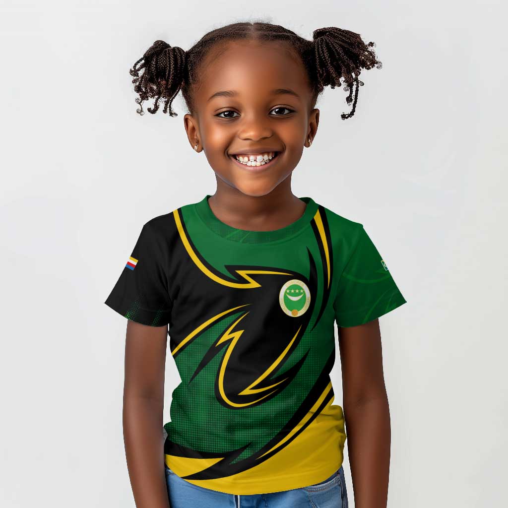 Comoros Kid T shirt - Green Black Yellow Swirl Design and National Emblem Pattern