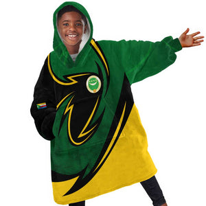 Comoros Kid Wearable Blanket Hoodie - Green Black Yellow Swirl Design and National Emblem Pattern