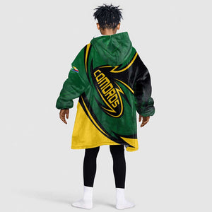 Comoros Kid Wearable Blanket Hoodie - Green Black Yellow Swirl Design and National Emblem Pattern