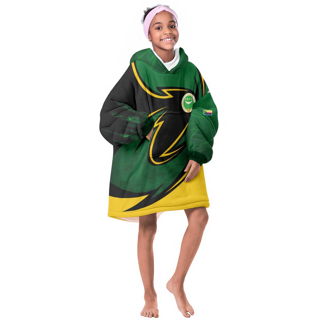 Comoros Kid Wearable Blanket Hoodie - Green Black Yellow Swirl Design and National Emblem Pattern