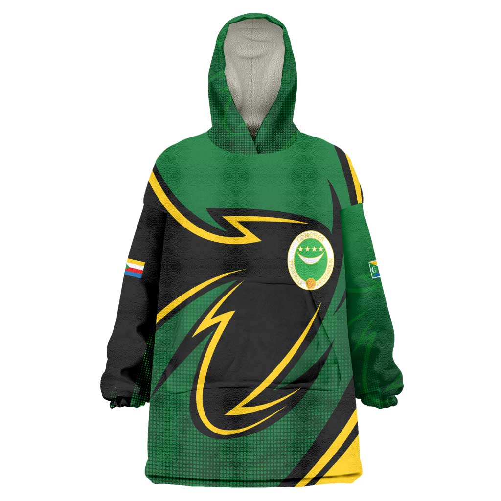 Comoros Kid Wearable Blanket Hoodie - Green Black Yellow Swirl Design and National Emblem Pattern