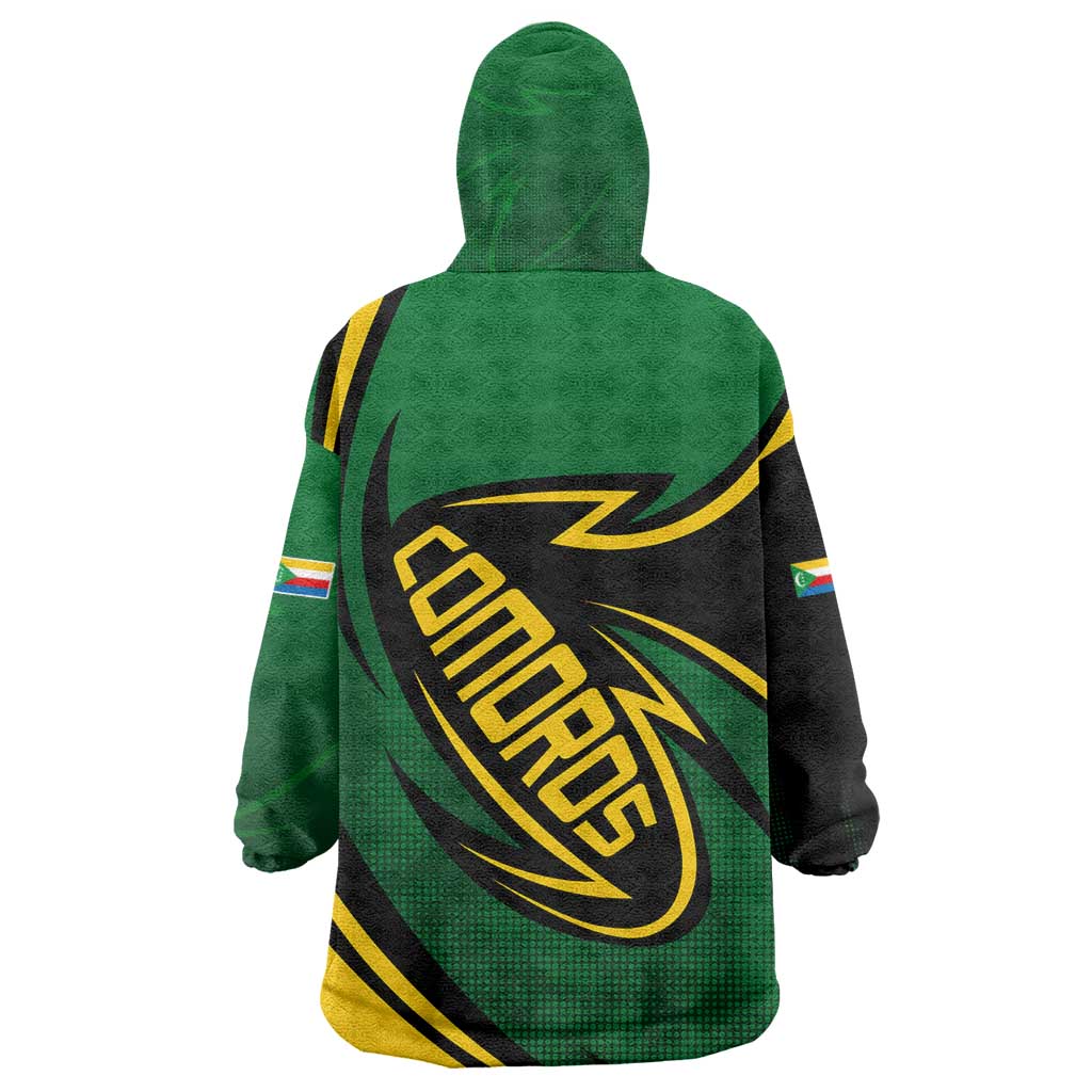 Comoros Kid Wearable Blanket Hoodie - Green Black Yellow Swirl Design and National Emblem Pattern