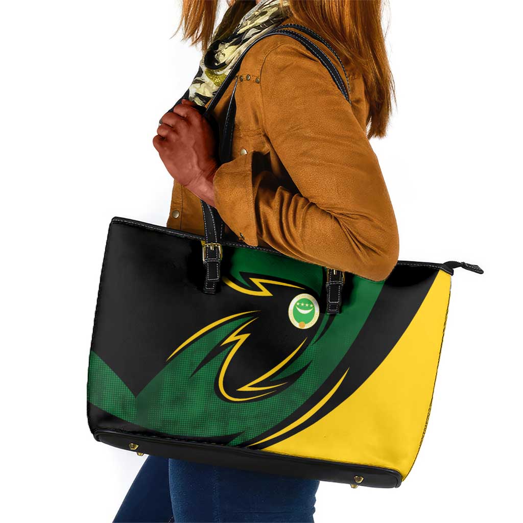 Comoros Leather Tote Bag - Green Black Yellow Swirl Design and National Emblem Pattern