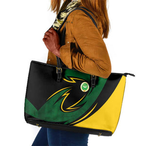 Comoros Leather Tote Bag - Green Black Yellow Swirl Design and National Emblem Pattern