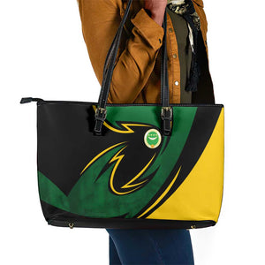 Comoros Leather Tote Bag - Green Black Yellow Swirl Design and National Emblem Pattern