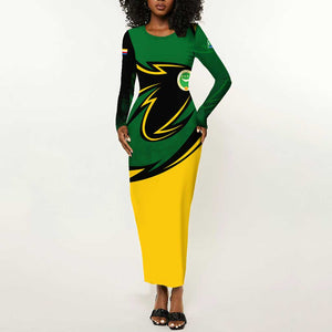 Comoros Long Sleeve Bodycon Dress - Green Black Yellow Swirl Design and National Emblem Pattern TS04
