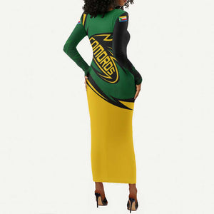 Comoros Long Sleeve Bodycon Dress - Green Black Yellow Swirl Design and National Emblem Pattern TS04