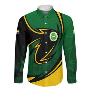 Comoros Long Sleeve Button Shirt - Green Black Yellow Swirl Design and National Emblem Pattern