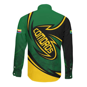 Comoros Long Sleeve Button Shirt - Green Black Yellow Swirl Design and National Emblem Pattern