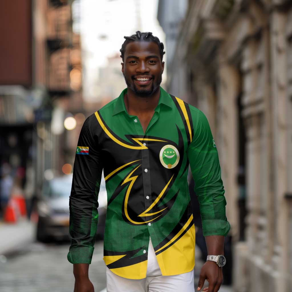 Comoros Long Sleeve Button Shirt - Green Black Yellow Swirl Design and National Emblem Pattern