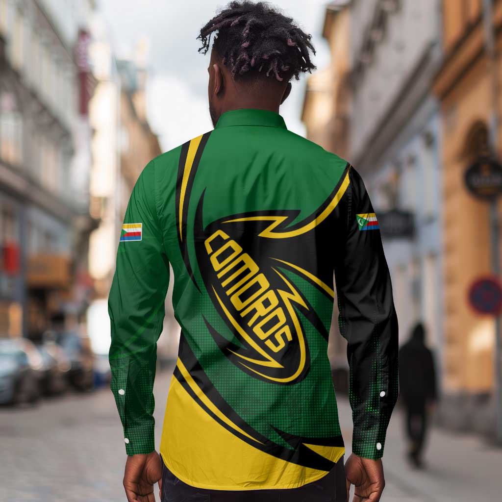 Comoros Long Sleeve Button Shirt - Green Black Yellow Swirl Design and National Emblem Pattern