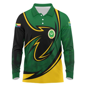 Comoros Long Sleeve Polo Shirt - Green Black Yellow Swirl Design and National Emblem Pattern