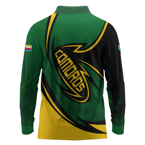 Comoros Long Sleeve Polo Shirt - Green Black Yellow Swirl Design and National Emblem Pattern