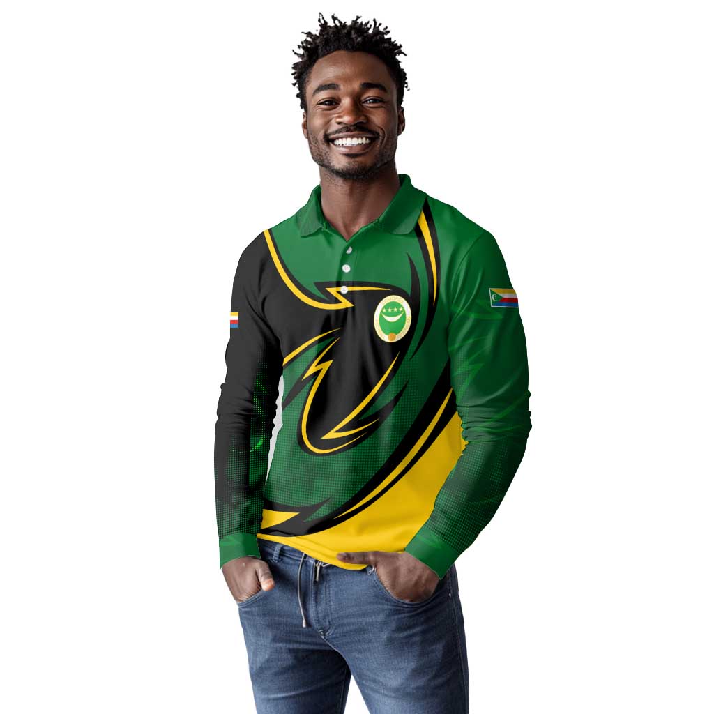 Comoros Long Sleeve Polo Shirt - Green Black Yellow Swirl Design and National Emblem Pattern