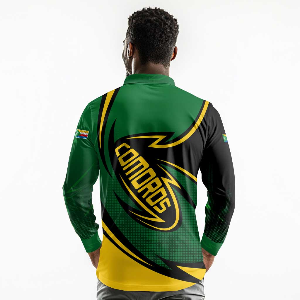 Comoros Long Sleeve Polo Shirt - Green Black Yellow Swirl Design and National Emblem Pattern