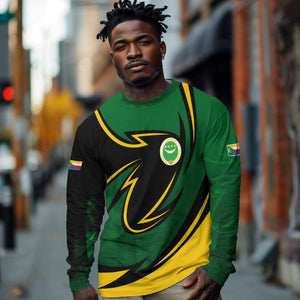 Comoros Long Sleeve Shirt - Green Black Yellow Swirl Design and National Emblem Pattern