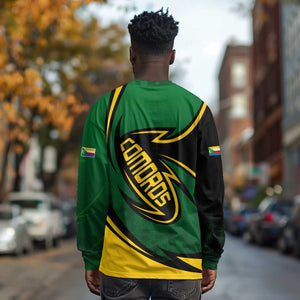 Comoros Long Sleeve Shirt - Green Black Yellow Swirl Design and National Emblem Pattern