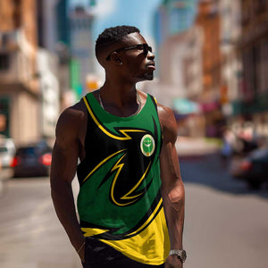 Comoros Men Tank Top - Green Black Yellow Swirl Design and National Emblem Pattern
